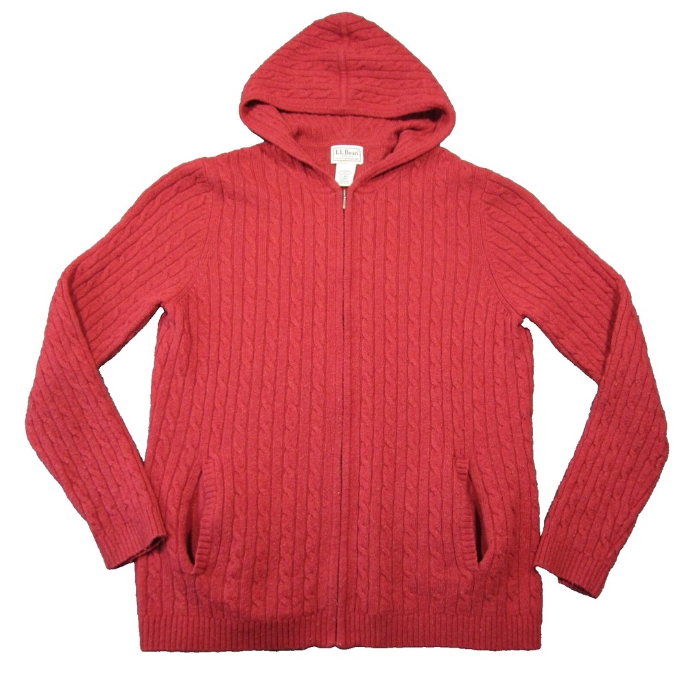 Vtg LL Bean Cardigan Womens L Red Cable Knit Hooded Lambswool 90s Colorful Hygge
